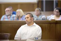  ?? Staff photo by Evan Lewis ?? Taylor Rogers listens to arguments in his manslaught­er trial Thursday at the Miller County Courthouse near downtown Texarkana. Rogers is accused of punching Jon Paul Russell, 32, in the face Aug. 29, 2015, at the Electric Cowboy nightclub in Texarkana,...