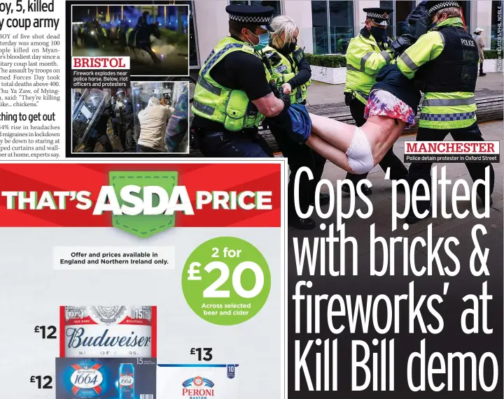  ??  ?? BRISTOL Firework explodes near police horse. Below, riot officers and protesters
Police detain protester in Oxford Street