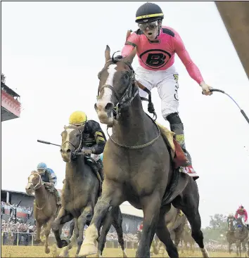  ?? STEVE HELBER/AP ?? War of Will, ridden by Tyler Gaffalione, crosses the finish line first to win the Preakness Stakes.