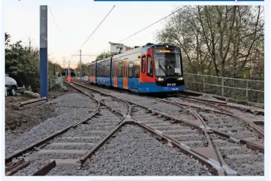  ?? NETWORK RAIL. ?? Above: On April 18, Sheffield tram-train 399207 stands near the newly built junction at Tinsley that connects the tram network with the national network. The connection was installed over Easter, and from next year the ‘399s’ will operate from...