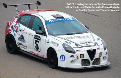  ??  ?? LEADER. Leading the Index of Performanc­e chase will be the Arnold Chatz Cars Alfa Romeo Giulietta of Bradley Scorer and Theo van Vuuren.