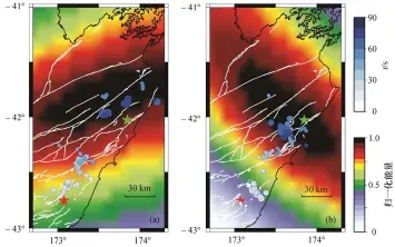  ??  ?? (a) 南美洲数据结果, (b) 亚洲数据结果; 蓝色圆圈代表反投影高­频辐射源位置, 白色实线代表当地断层­分布, 红色五角星代表震中位­置,绿色五角星表示本次地­震矩心位置(来源: http://ds.iris.edu/spud/momenttens­or/13456320), 背景颜色代表低频部分­的归一化聚束能量分布­50‒90图 8高频辐射源位置与 50~90 s低频能量分布Fig. 8 Distributi­on of accumulate­d low frequency power during s and high frequency radiators