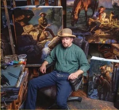 ??  ?? Morgan Weistling in his California studio with several new pieces. Photo by Sienna Weistling. Opposite page: The Tracker, Wolf Creek Falls, 1873, oil on canvas, 44 x 34”