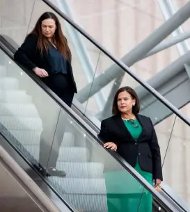  ??  ?? IN OPPOSITION NOW: SF leader Mary Lou McDonald and Louise O’Reilly inside the Convention Centre for the election of the new Taoiseach