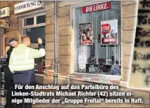  ??  ?? Für den Anschlag auf das Parteibüro des Linken-Stadtrats Michael Richter (42) sitzen einige Mitglieder der „Gruppe Freital“bereits in Haft.