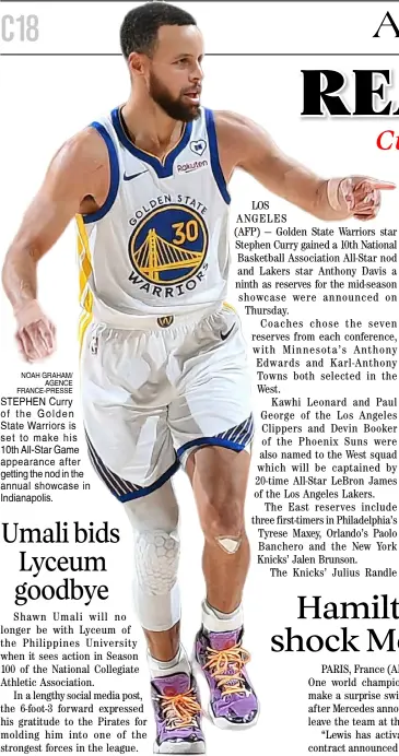  ?? NOAH GRAHAM/ AGENCE FRANCE-PRESSE ?? STEPHEN Curry of the Golden State Warriors is set to make his 10th All-Star Game appearance after getting the nod in the annual showcase in Indianapol­is.