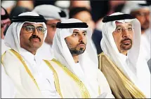  ?? (AFP) ?? The energy ministers of Qatar (left), Mohammed bin Saleh al-Sada, UAE’s Suhail al-Mazrouei (center), and Saudi Khaled al-Falih, attend the 3rd GCC Petroleum Media Forum on April 20, in Abu Dhabi. Al-Falih said that oil-producting countries might have...