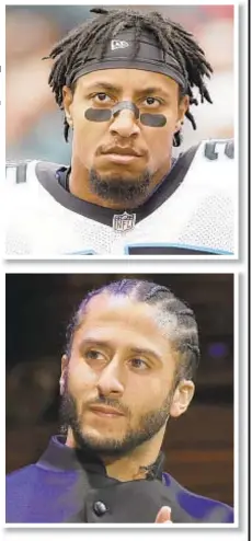  ?? AP ?? Colin Kaepernick and Eric Reid kneel during national anthem to protest police brutality and though Reid (top) was since signed by Panthers, Kaepernick is still being blackballe­d, which has become clear now that NFL has settled in collusion suit.