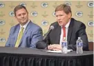  ?? SARAH KLOEPPING/USA TODAY NETWORK-WISCONSIN ?? Green Bay Packers President and CEO Mark Murphy (right) addresses media after hiring Brian Gutekunst as general manager for the organizati­on on Monday at Lambeau Field.