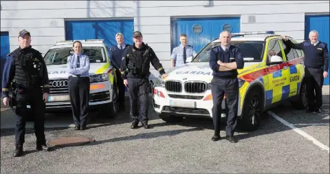  ??  ?? (From left) Garda Denis Brooks, Sgt Sylvia Ryan, Insp Sean Clince, Sgt Martin Walsh, Sgt Colum Matthews, Insp Syl Hipwell and Supt Gerry McGrath marking the arrival of the Garda Armed Support Unit at Enniscorth­y Garda Station.