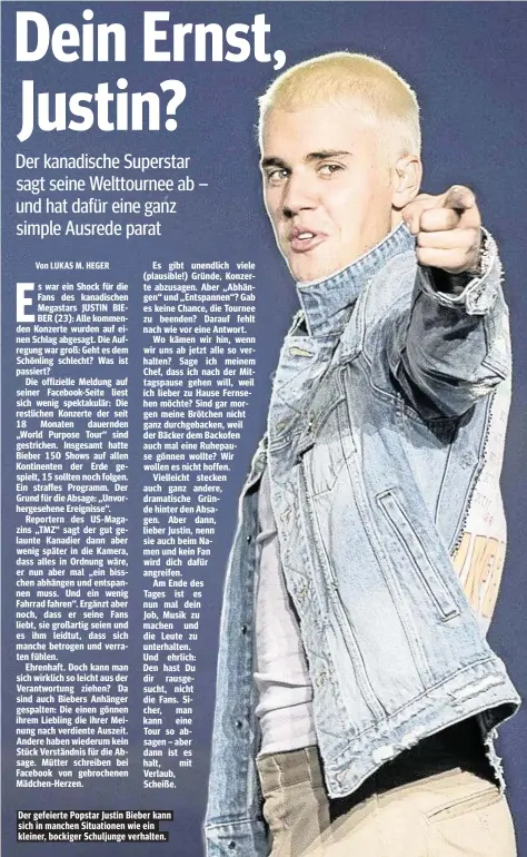  ??  ?? Der gefeierte Popstar Justin Bieber kann sich in manchen Situatione­n wie ein kleiner, bockiger Schuljunge verhalten.