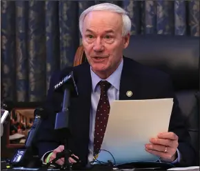  ?? (Arkansas Democrat-Gazette/Thomas Metthe) ?? Gov. Asa Hutchinson talks about signing the stand-your-ground bill at a news conference Wednesday at the state Capitol. While saying he was OK with the bill’s language, he expressed concern about the “reaction of people” and urged passage of a hate crimes bill.