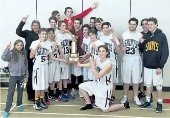  ?? SUBMITTED PHOTO ?? The Kawartha high school junior boys champions St. Peter Saints include (front l-r) assistant coach Georgia Claydon, Patrick Brown, Brock Horton, Andre Stevens, Andy McGillis, Will Everson, Owen Guest, Ben Lukinuk. (Back l-r) Coach Dyanne McDonald,...