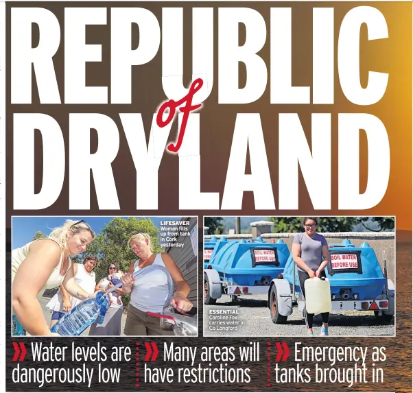  ??  ?? LIFESAVER Woman fills up from tank in Cork yesterday ESSENTIAL Caroline Fox carries water in Co Longford