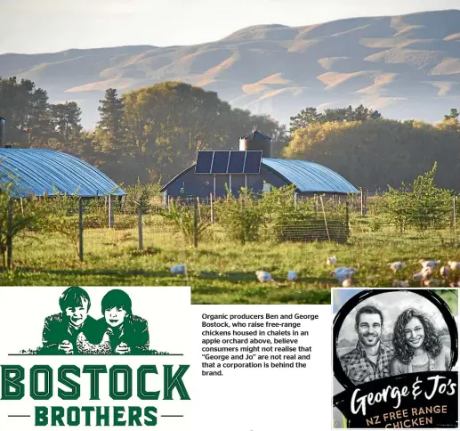  ??  ?? Organic producers Ben and George Bostock, who raise free-range chickens housed in chalets in an apple orchard above, believe consumers might not realise that ‘‘George and Jo’’ are not real and that a corporatio­n is behind the brand.