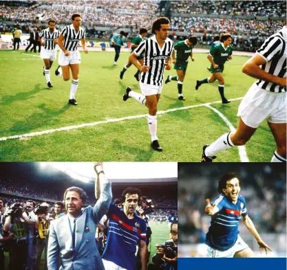  ??  ?? Clockwise from
right Tasting glory at Euro 84; Platini struck nine goals in five games; Michel Hidalgo got the best from his star; Platini’s Juve joy didn’t come easy