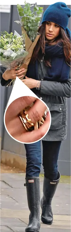  ??  ?? Royal love token? Prince Harry’s girl Meghan Markle buying flowers in Kensington yesterday wearing a new ring (inset)