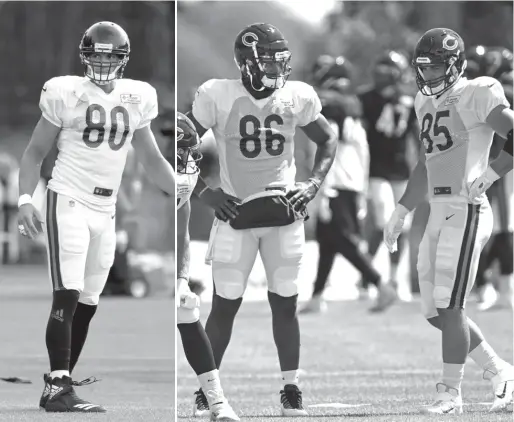  ?? DYLAN BUELL/GETTY IMAGES (LEFT), NAM Y. HUH/AP ?? Jimmy Graham (from left), Demetrius Harris and Cole Kmet give the Bears a new look at tight end.