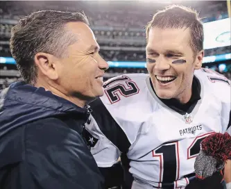  ?? GETTY IMAGES FILE PHOTO ?? Tom Brady, right, is pictured with trainer Alex Guerrero after defeating the New York Jets in November 2016.