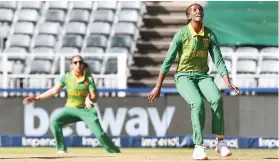  ?? /Gallo Images ?? Ayabonga Khaka, right, reacts to a high ball that Shabnim Ismail caught to dismiss Hayley Matthews of the West Indies.