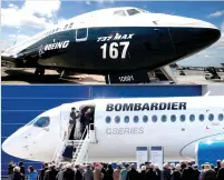  ??  ?? A Boeing 737 MAX on display at Paris air show and Bombardier’s CS300 aircraft at the company’s annual general meeting in Montreal. New US tariffs could effectivel­y halt sales of Bombardier’s innovative new plane to US airlines by quadruplin­g the cost...