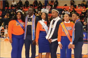  ?? JEN SAMUEL - MEDIANEWS GROUP ?? The Lincoln University royal court unites to rally school spirit ahead of women and men basketball home games against Bowie State University on Jan. 25. The royal court includes, from left, senior Roesha Thelma, Miss Orange and Blue; junior Khalifa Ndir, Mister Orange and Blue; senior Courtney Hughes, Miss Lincoln; senior Daquan Thompson, Mister Lincoln; junior Brianna Blake, Miss Legacy; and senior Terrell Wallace, Mister Legacy.