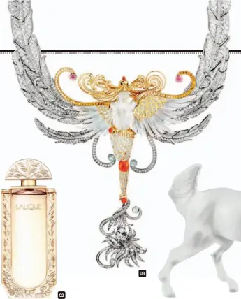  ??  ?? 01 在法國的 Lalique Maison。02 Laliques de Lalique 香水。03 Vesta 系列項鍊。04 2018秋冬「喜燕」燈具系列。05 2018年秋冬「立馬大吉」雕塑。