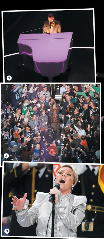  ?? PHOTOS AFP ?? 1. L’artiste s’est installé au piano lors de sa prestation. 2. Le chanteur s’est même retrouvé au milieu d’une foule enthousias­te. 3. P!nk a interprété l’hymne national avant le début de la rencontre.