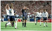  ??  ?? Rematch…Gary McAllister holds his head after his penalty is saved against England at Euro ’96