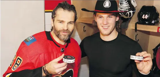  ?? JIM WELLS ?? Thursday was a special night for Jaromir Jagr and Mark Jankowski, who both scored their first goals as Flames in a 6-3 win over the Red Wings. Jankowski’s goal was his first in the NHL.