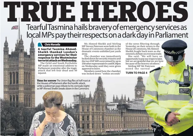  ??  ?? Time for sorrow The Union flag flies at half mast at the Houses of Parliament after the horrific attack, while a policeman pays tribute to his comrade (right) as MP Ahmed Sheikh breaks down in the Commons