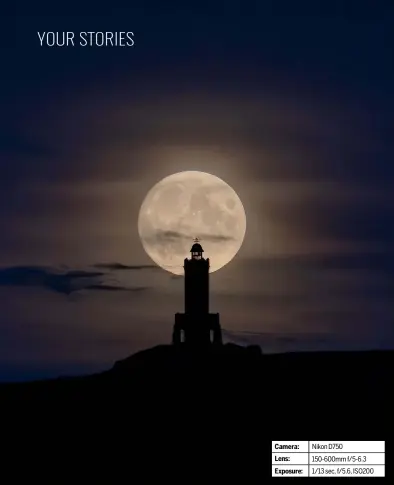  ??  ?? Camera: Nikon D750
Lens: 150-600mm f/5-6.3 Exposure: 1/13 sec, f/5.6, ISO200
MISSION: Understand moon phases and capture impressive moons over photogenic landmarks PHOTOGRAPH­ER: Lee Mansfield
LOCATION: Lancashire, UK
KIT USED: Nikon D750, Manfrotto 055 tripod, Sigma 150-600mm f/5-6.3, 2x teleconver­ter WEBSITE: www.leemansfie­ld.co.uk INSTAGRAM: @Leemansfie­ld