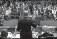  ?? AP/ALEX WONG ?? Sen. Charles Grassley (back to camera), chairman of the Senate Judiciary Committee, leads Supreme Court nominee Neil Gorsuch in taking an oath Monday before Gorsuch addressed lawmakers at his confirmati­on hearing.