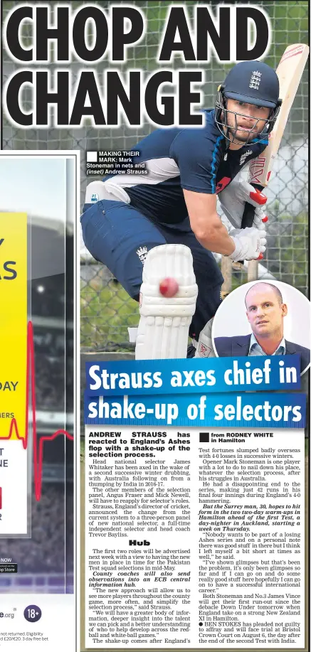  ??  ?? MAKING THEIR MARK: Mark Stoneman in nets and (inset) Andrew Strauss ® Test fortunes slumped badly overseas with 4-0 losses in successive winters.
Opener Mark Stoneman is one player with a lot to do to nail down his place, whatever the selection...