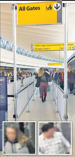  ??  ?? UNDETECTED: After TSA agents opened an unmanned lane at JFK’s Terminal 5 (above), 11 passengers (two inset) slipped through.