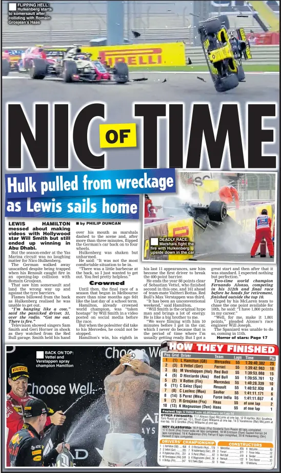  ??  ?? FLIPPING HELL: Hulkenberg starts to somersault after colliding with Romain Grosjean’s Haas BACK ON TOP: Vettel and Verstappen spray champion Hamilton DEADLY RACE: Marshals fight the fire with Hulkenberg upside down in the car