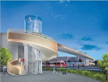  ?? FOTO: WERNER SOBEK DESIGN ?? So soll sich der Steg von der Seite des Bahnhofspl­atzes aus einmal präsentier­en. Im Vordergrun­d die westliche Aufgangswe­ndel mit dem gläsernen Aufzug in ihrem Kern.