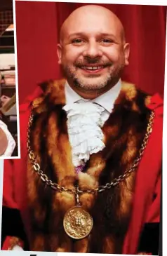  ?? ?? The pervert butcher: Thornton with his sausages and in his mayoral chain of office