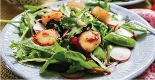  ?? PITTSBURGH POST-GAZETTE GRETCHEN MCKAY / ?? Pan-seared scallops top this seasonal salad with sugar snap peas and fresh radish.