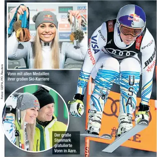  ??  ?? Vonn mit allen Medaillen ihrer großen Ski-Karriere Der große Stenmark gratuliert­e Vonn in Aare.