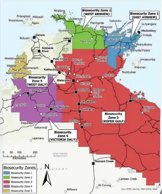  ?? ?? A map showing the NT biosecurit­y zones declared by the federal government, and Steve Edgington, top, and Joe Martin-Jard, bottom.