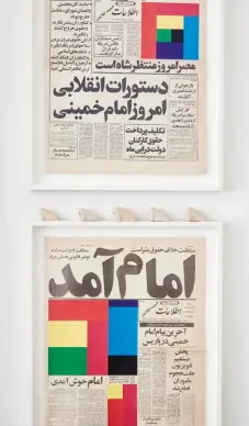  ??  ?? At the entrance to the living room is Marine Hugonnier’s Art for Modern Architectu­re (Homageto Ellsworth Kelly): front pages of Iranian dailies during the heady days of the Iranian revolution; Man with the Head of Dog, a work by artist Janek Simon, revisits the myth of the Cynocephal­i described in Marco Polo’s travelogue­s as peoples living in the Andaman islandsFol­k TALESFROM TOP