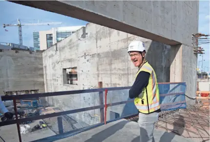  ??  ?? Golden State coach Steve Kerr stands where his office will be when Chase Center opens in San Francisco. The arena is expected to be finished for the 2019-20 season. KYLE TERADA/USA TODAY SPORTS