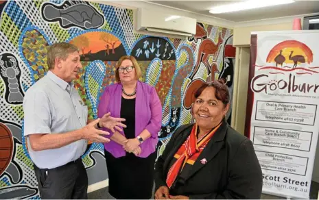  ?? PHOTO: KEVIN FARMER ?? HELPING HAND: Happy with their partnershi­p are (from left) Carbal Medical Services CEO Brian Hewitt, Darling Downs and West Moreton PHN CEO Merrilyn Strohfeldt and Goolburri CEO Lizzie Adams.