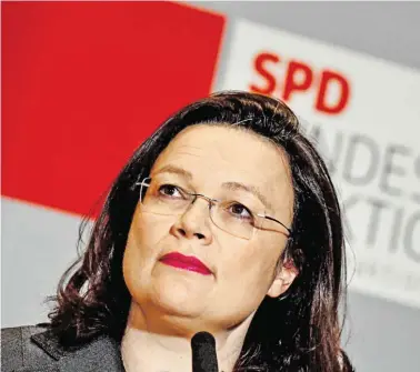  ?? BILD: SN/AFP ?? Plötzlich mitten im Proteststu­rm: Andrea Nahles hat sich schon als SPD-Vorsitzend­e gesehen. Doch dann wurde Widerspruc­h in den Reihen der SPD laut.