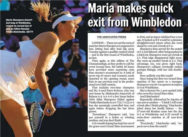  ?? GETTY ?? Maria Sharapova doesn’t last long at Wimbledon, ousted on second day of play by fellow Russian Vitalia Diatchenko.