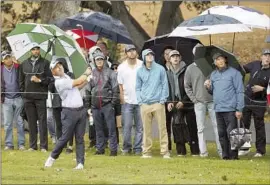  ?? Mike Mulholland Getty Images ?? JUSTIN LOWER plays a shot during the final round of the Fortinet Championsh­ip on Sunday in Napa. Lightning was observed in Napa County on Monday.