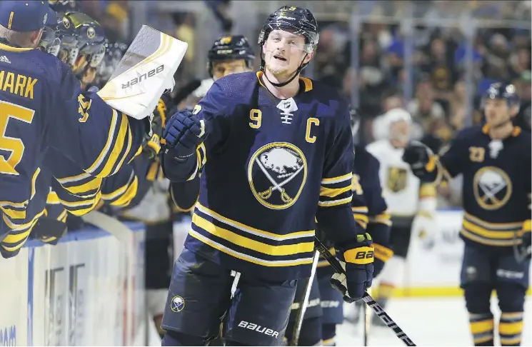  ?? JEFFREY T. BARNES/AP ?? Sabres captain Jack Eichel celebrates one of his two goals against the Vegas Golden Knights on Sunday in Buffalo, N.Y. The Sabres have two wins in three games.