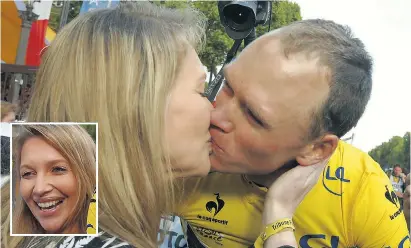  ?? Picture: PASCAL ROSSIGNOL / REUTERS, SEBASTIEN NOGIER AND LAURENT REBOURS / AP ?? Victory kiss for Tour winner Chris Froome on the Champs- Elysees yesterday from wife Michelle, inset