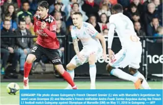  ??  ?? GUINGAMP: File photo shows Guingamp’s French Clement Grenier (L) vies with Marseille’s Argentinia­n forward Lucas Ocampos (C) and Marseille’s French midfielder Andre-Frank Zambo Anguissa during the French L1 football match Guingamp against Olympique of...